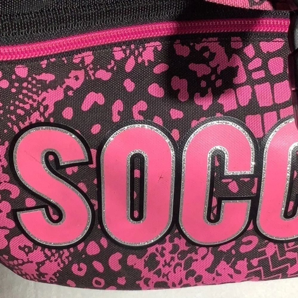 Justice - Soccer drawstring backpack - zipper front pouch - pink black & glitter